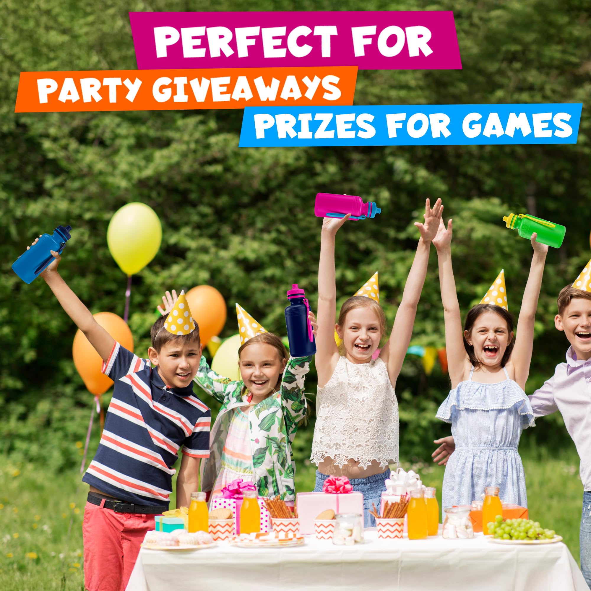 Bedwina Bulk Water Bottles For Kids - (Bulk Pack of 72) 18 Oz - 7.5 Inch BPA-Free Plastic Water Bottles w/Pop-up Tops for Summer, Reusable Water Bottles Bulk for School, Sports Birthday Party Favors